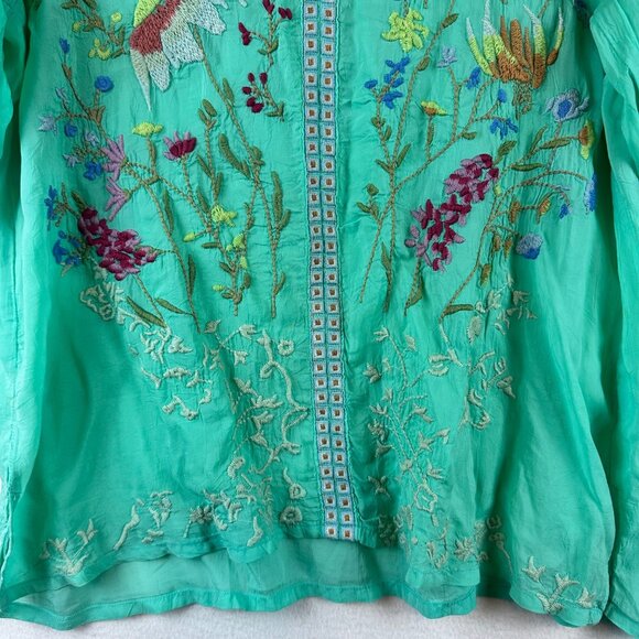 Johnny Was Embroidered Floral Tunic Top Green Boho V-Neck Tie Sleeve Womens M - Picture 4 of 12